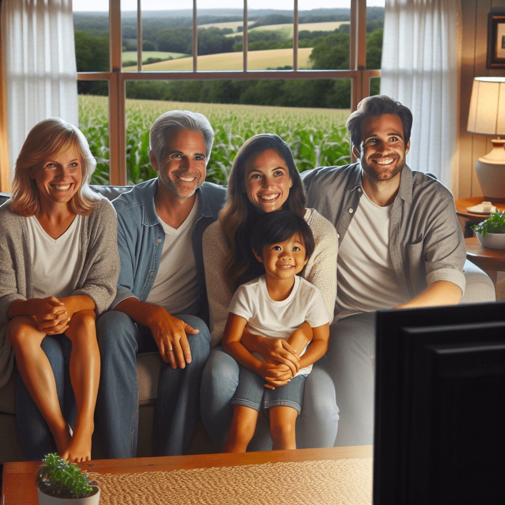 A cheerful family consisting of a Caucasian mother, a Hispanic father, a South Asian daughter, and a Black son, sitting together in their cozy living room in Ohio. They are all watching an IPTV, a wide glow from the screen illuminating their faces. The room is softly lit with warm lighting from a nearby table lamp. Lush verdant countryside from the window suggests the location is in a rural part of Ohio. Do not include any text in the image.
